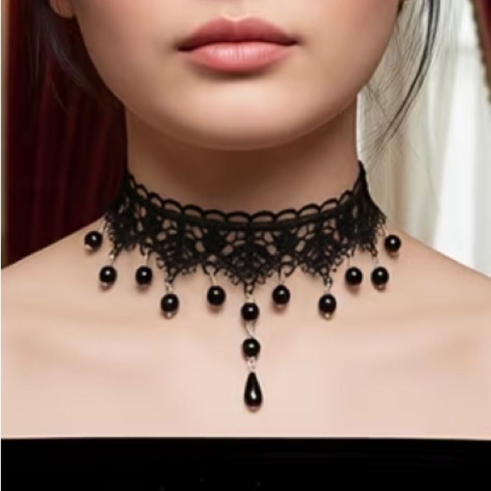 🖤 Gothic Lace Choker • Beaded Drop Pendant
